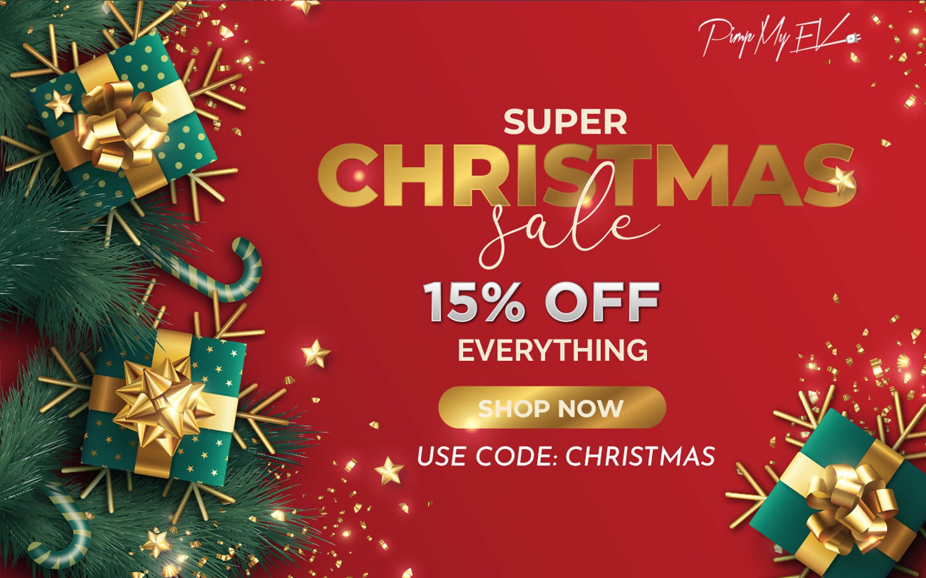 Red Christmas sale banner with gold text and festive elements on a red background
