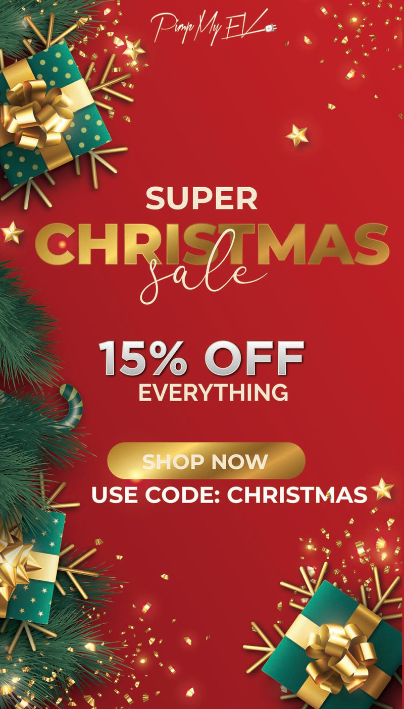 Red Christmas sale banner with gold text and festive elements on a red background