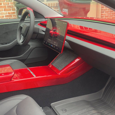 Real Molded RED Carbon Fiber Center Console Full Coverage Overlay Cover for Tesla Model 3 2023-2025 Highland