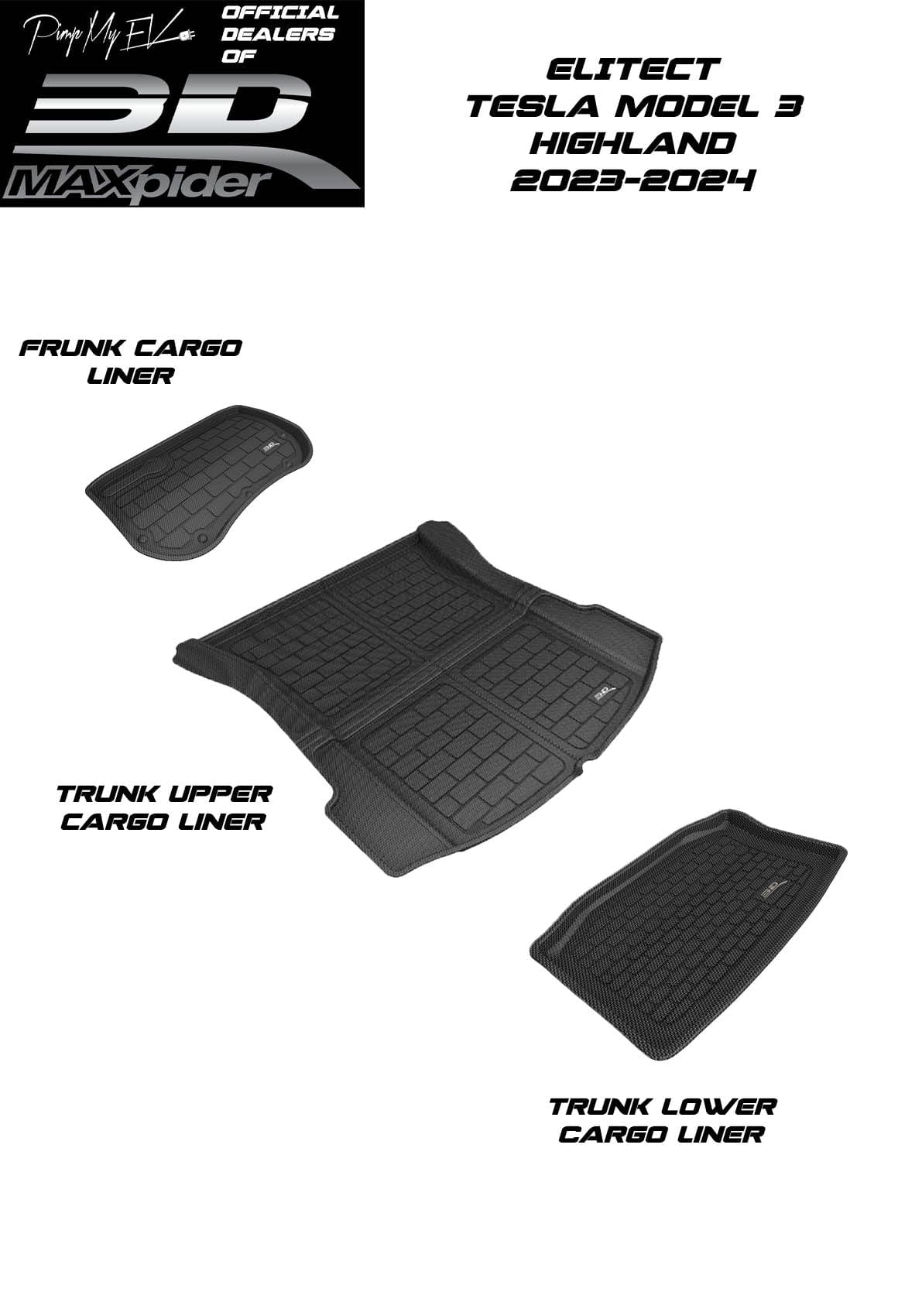 3D MAXpider Custom Fit All-Weather ELITECT Series LHD Floor Mats For Tesla Model 3 Highland 5 SEAT 2023-2024 - PimpMyEV