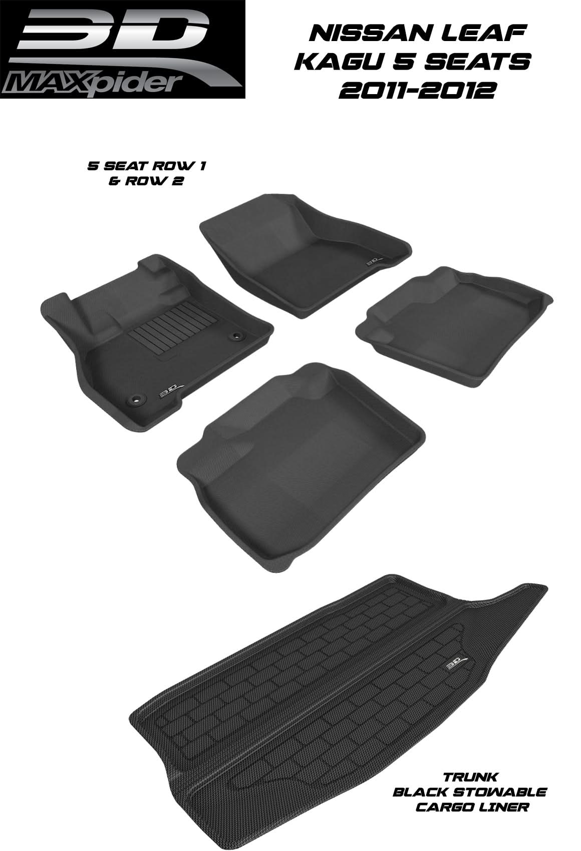 3D MAXpider Custom Fit All-Weather KAGU Series LHD Floor Mats For Nissan Leaf 2011-2012