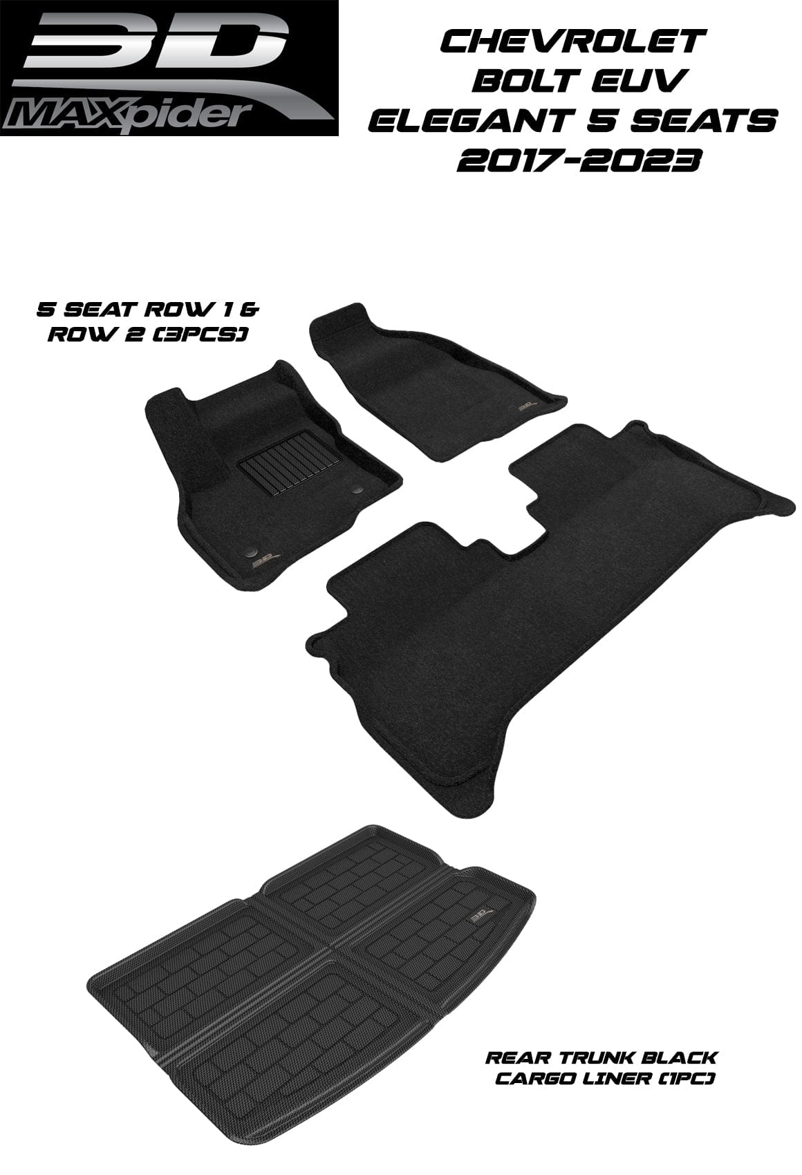 3D MAXpider Custom Fit All-Weather ELEGANT Series LHD Floor Mats For Chevrolet Bolt EUV 5 SEATS 2022-2023