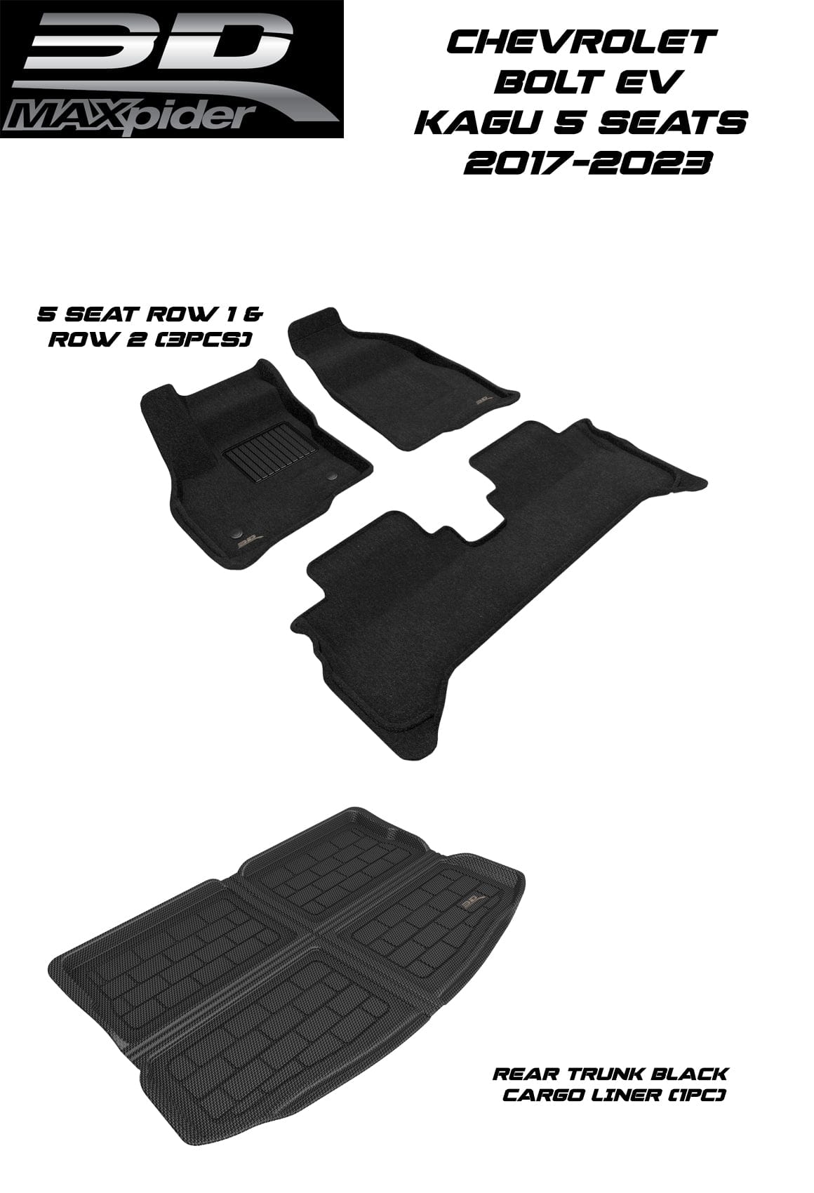 3D MAXpider Custom Fit All-Weather ELEGANT Series LHD Floor Mats For Chevrolet Bolt EV 5 SEATS 2017-2023