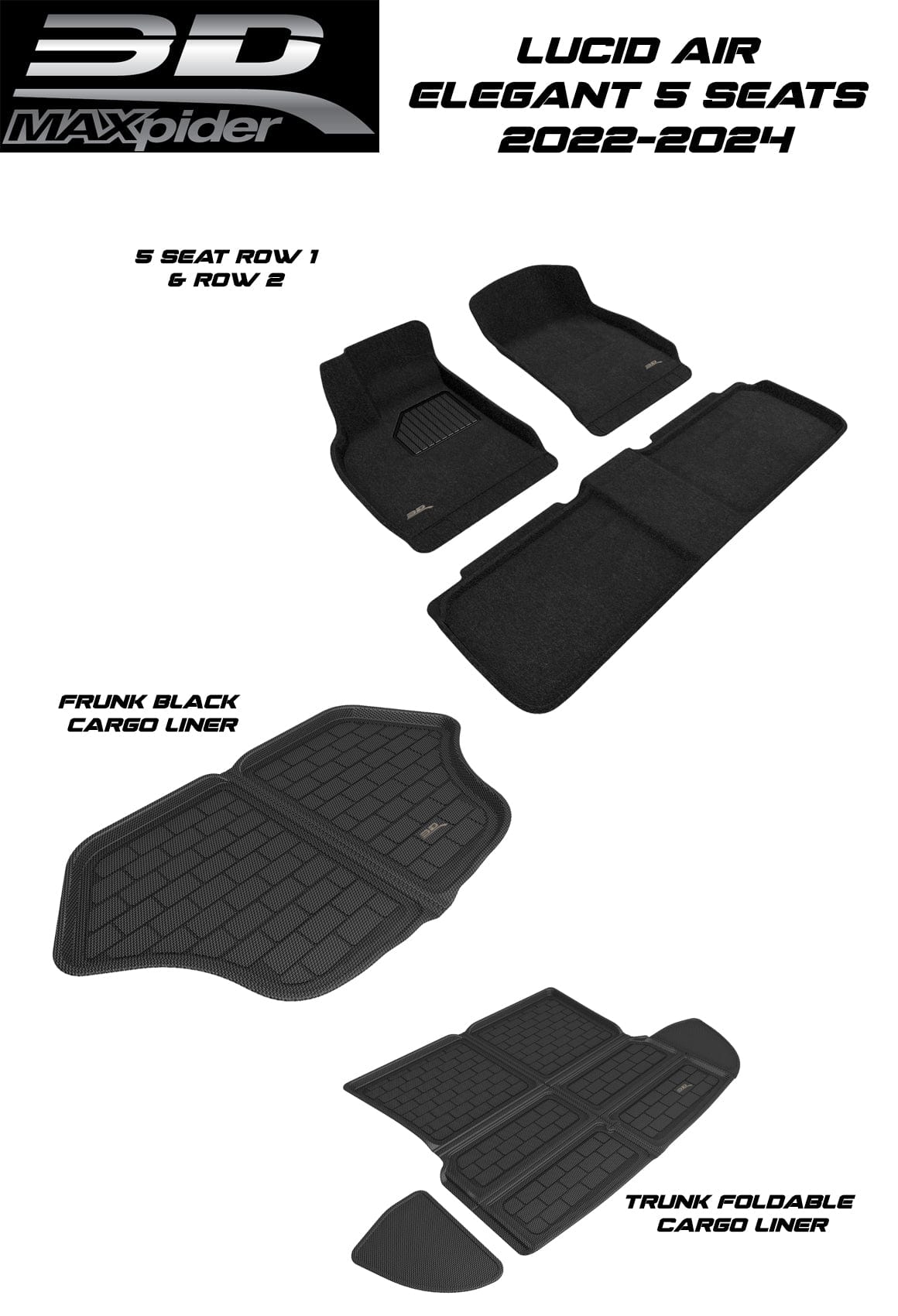 3D MAXpider Custom Fit All-Weather ELEGANT Series LHD Floor Mats For Lucid Air 5 SEAT 2022-2025