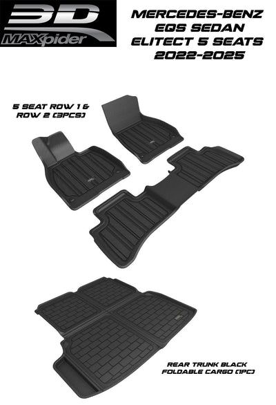 3D MAXpider Custom Fit All-Weather ELITECT Series LHD Floor Mats For Mercedes-Benz EQS Sedan 5 SEAT 2022-2025