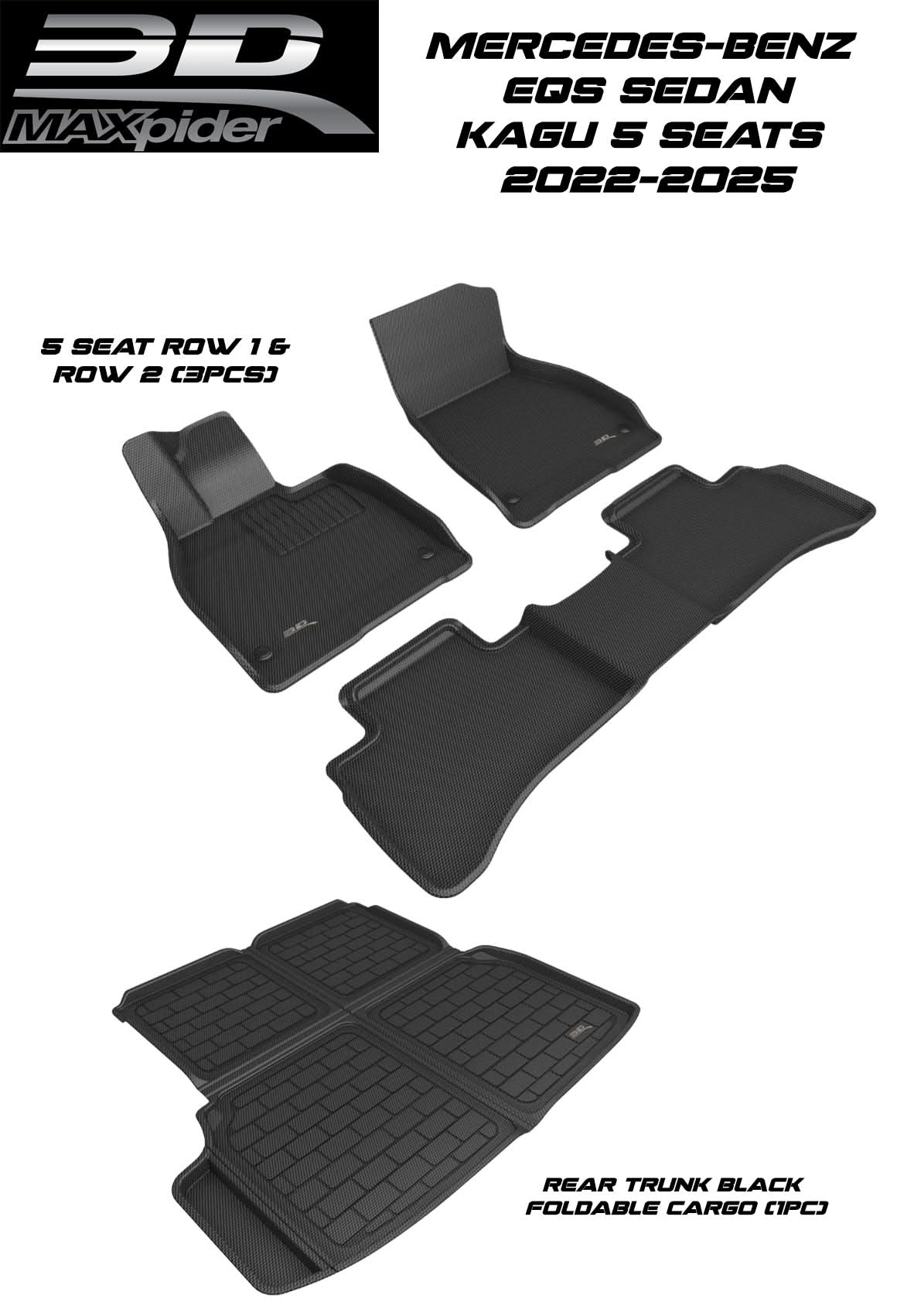 3D MAXpider Custom Fit All-Weather KAGU Series LHD Floor Mats For Mercedes-Benz EQS Sedan 5 SEAT 2022-2025