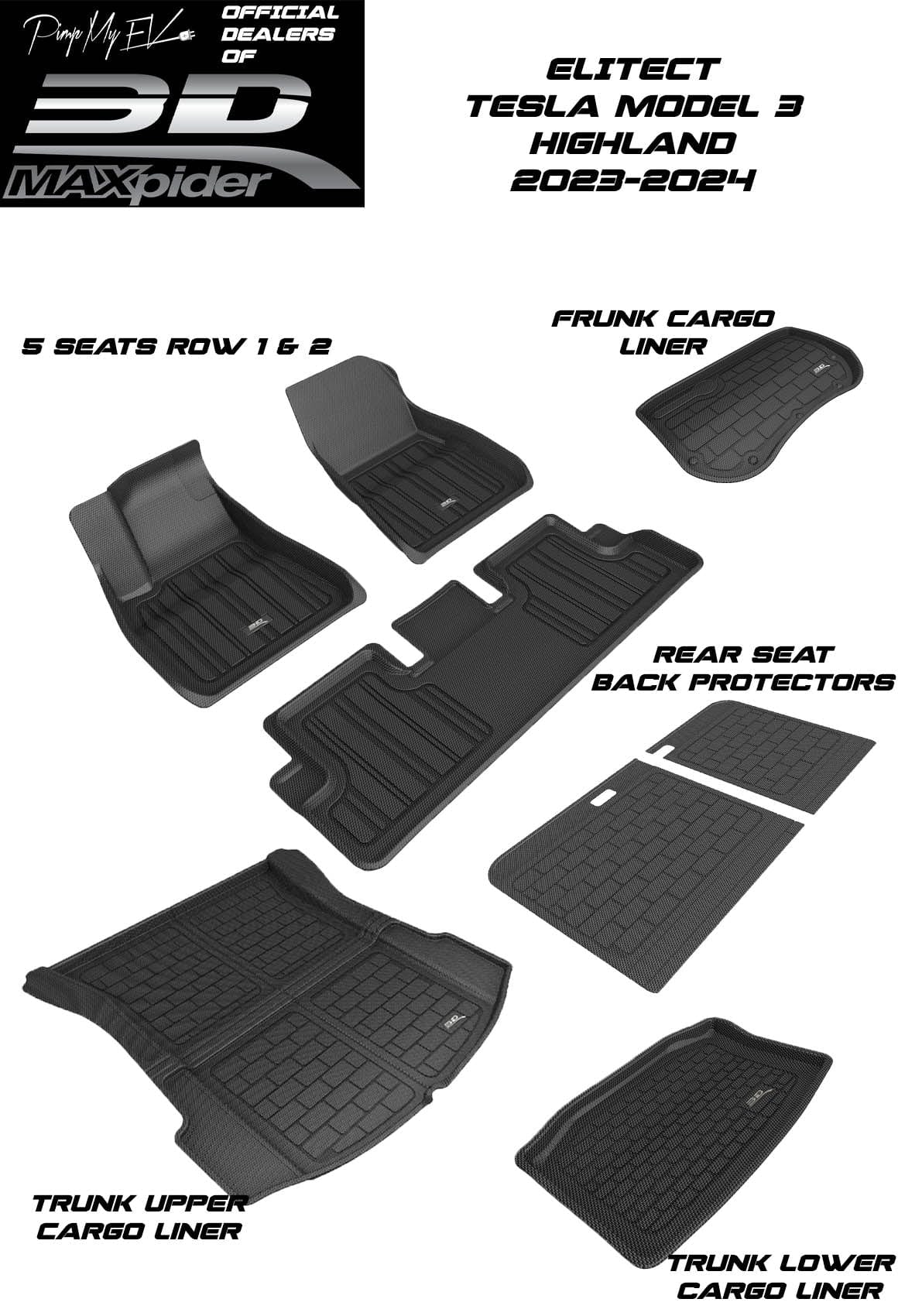 3D MAXpider Custom Fit All-Weather ELITECT Series LHD Floor Mats For Tesla Model 3 Highland 5 SEAT 2023-2024 - PimpMyEV