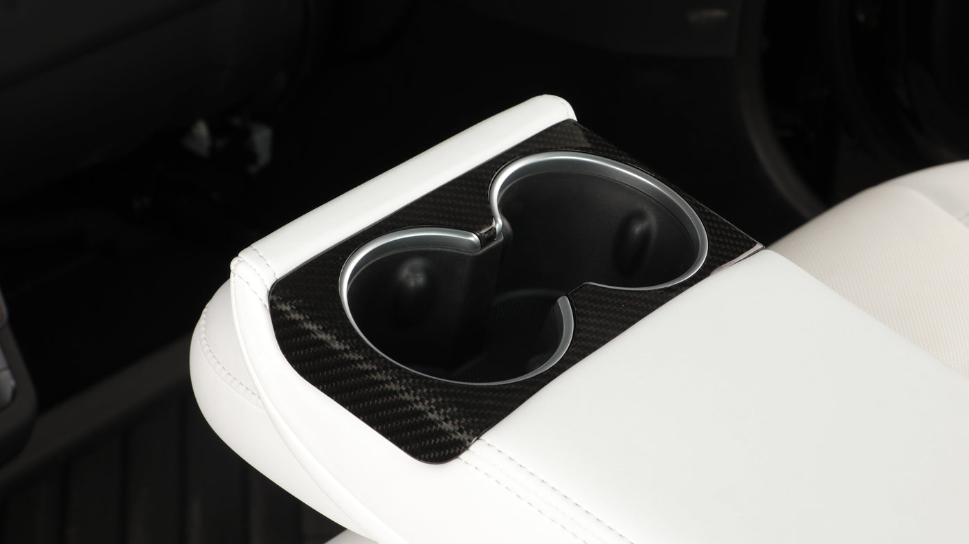Dry Gloss Carbon Fiber Rear Cup Holder Cover for Tesla Model 3 2024 Highland - PimpMyEV