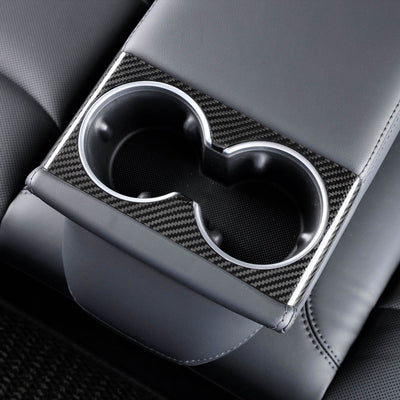 Real Molded Gloss Carbon Fiber Backseat Cup Holder Overlay for Tesla Model 3 2023-2024 Highland - PimpMyEV