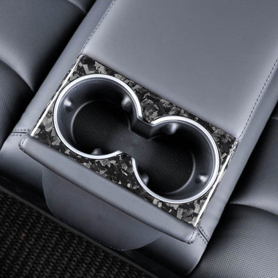 Real Molded Gloss Forged Carbon Fiber Backseat Cup Holder Overlay for Tesla Model 3 2023-2024 Highland - PimpMyEV