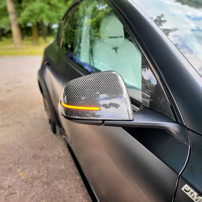 Retrofit Genuine Gloss Carbon Fiber Replacement Side Mirror Covers With Sequential Blinkers Repeater Turn Signals For Tesla Model Y 2020-2023 - PimpMyEV