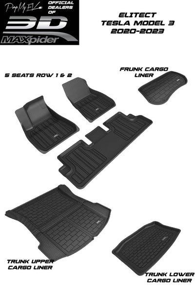 3D MAXpider Custom Fit All-Weather ELITECT Series LHD Floor Mats For Tesla Model 3 5 SEAT 2020-2023 - PimpMyEV