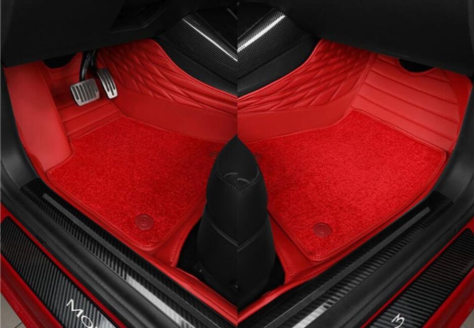 Cow Hide Nappa Leather Premium Diamond Lattice Dual-Layer Car Floor Mats Set for Model 3 (6 colors) - PimpMyEV