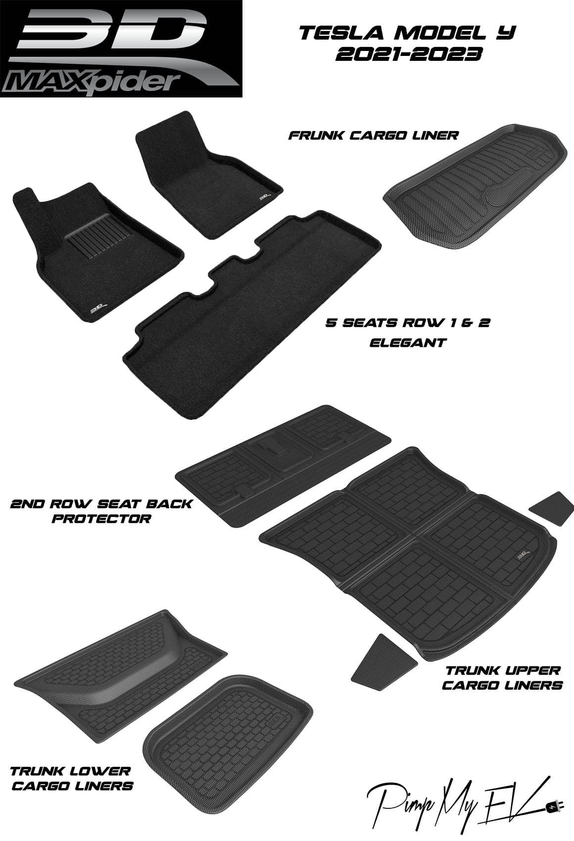 3D MAXpider Custom Fit All-Weather ELEGANT Series LHD Floor Mats For Tesla Model Y 5 SEAT 2021-2023 - PimpMyEV