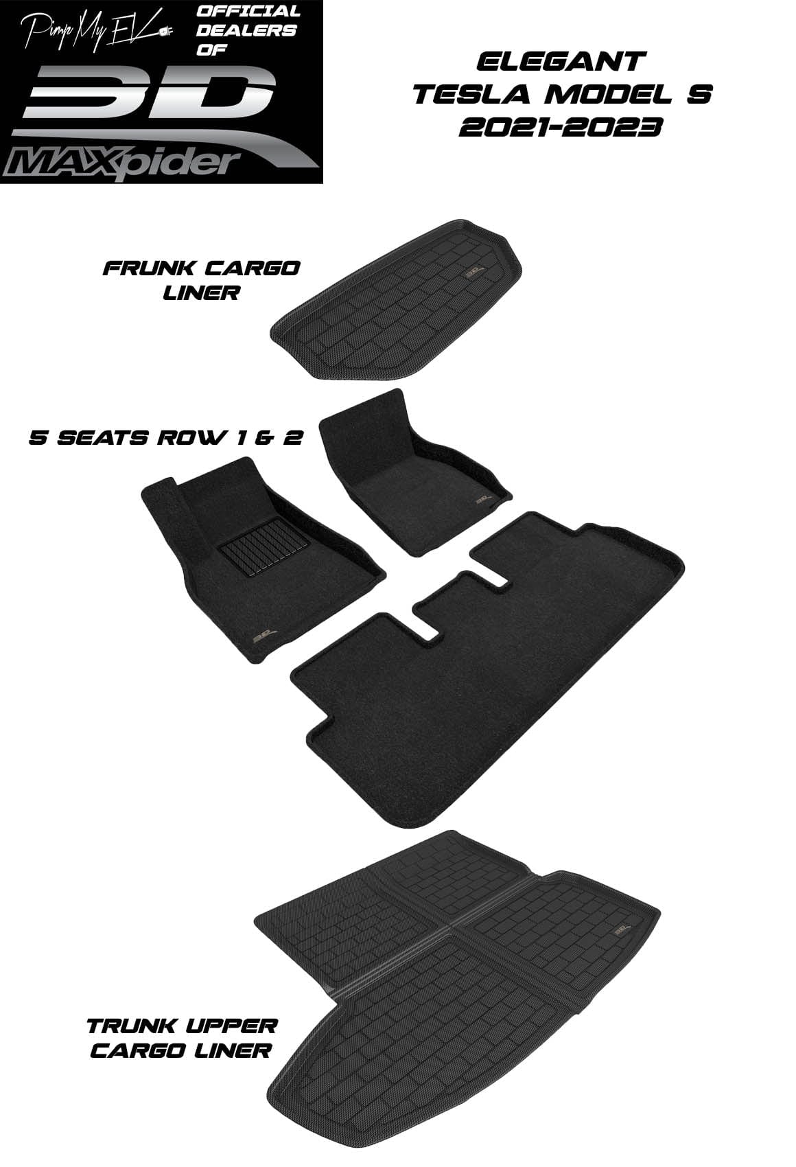 3D MAXpider Custom Fit All-Weather ELEGANT Series LHD Floor Mats For Tesla Model S 5 SEAT 2021-2023 - PimpMyEV