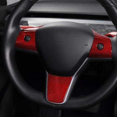 3Pcs Genuine Red Carbon Fiber Steering Wheel Fascia for Model Y (Gloss) 2020-2021 - PimpMyEV